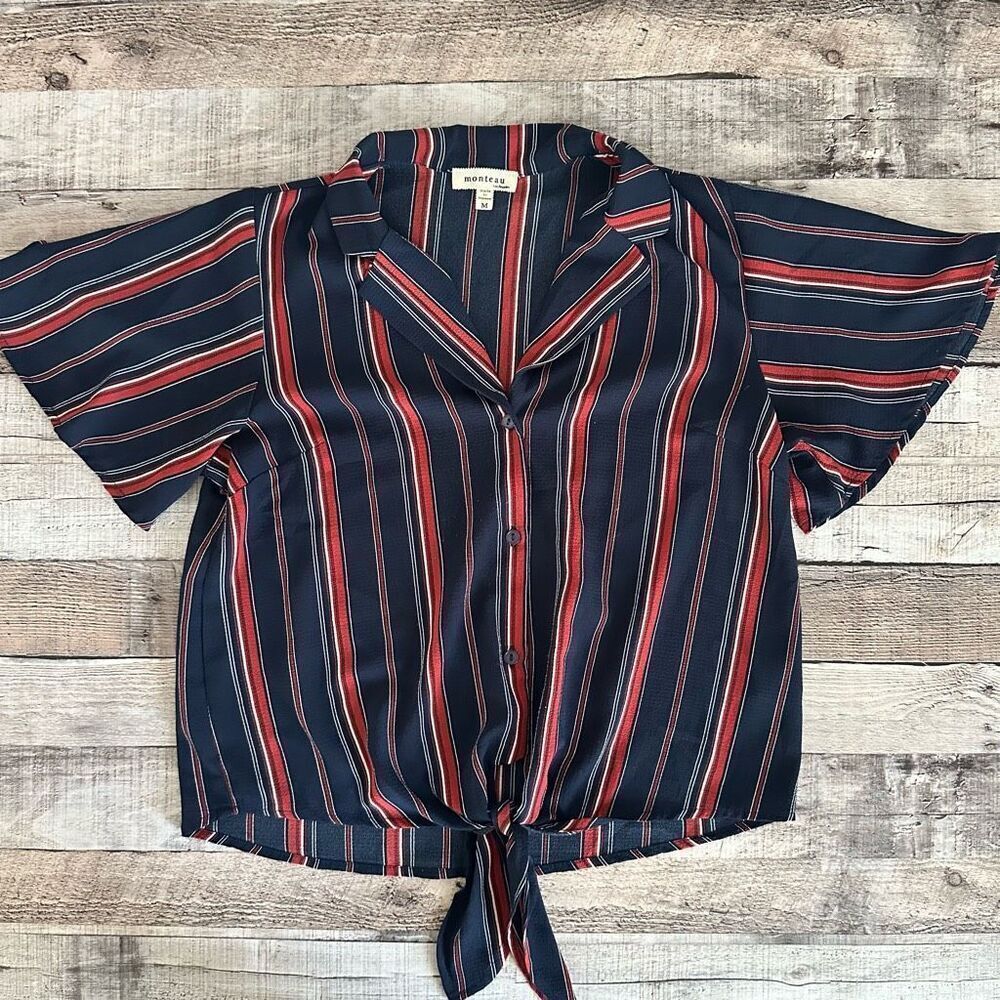 Monteau Striped Collared Casual Office Contemporary Blouse | M